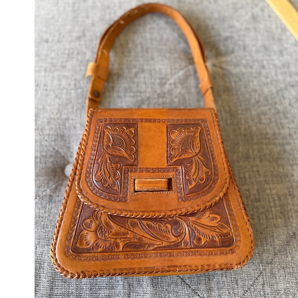 VTG 60s Hand Tooled Leather Floral Shoulder Bag Tan Mexican Artisanal Purse